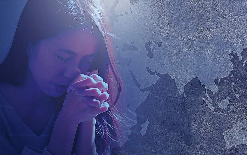 Woman praying with Asian map in background: Where Needed Most